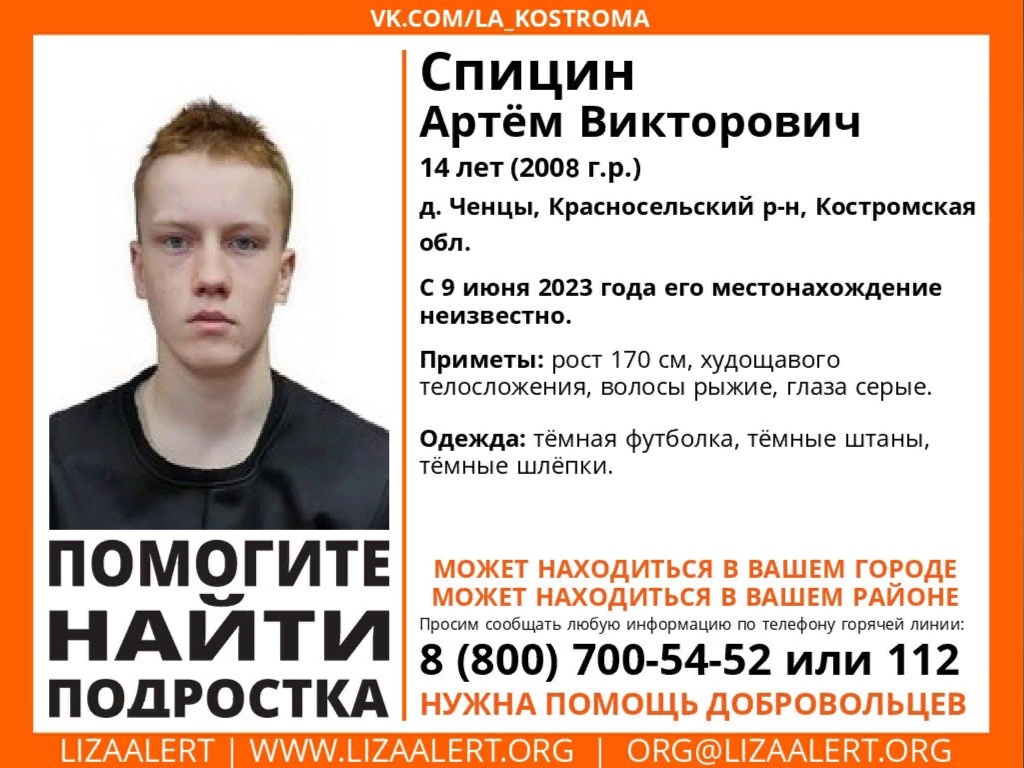 В Костромской области ищут 14-летнего рыжеволосого подростка
