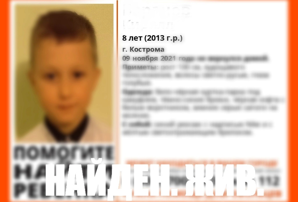Пропавший в Костроме 8-летний мальчик найден живым