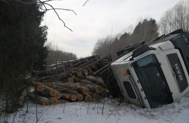 Лесовоз опрокинулся на трассе в Костромской области