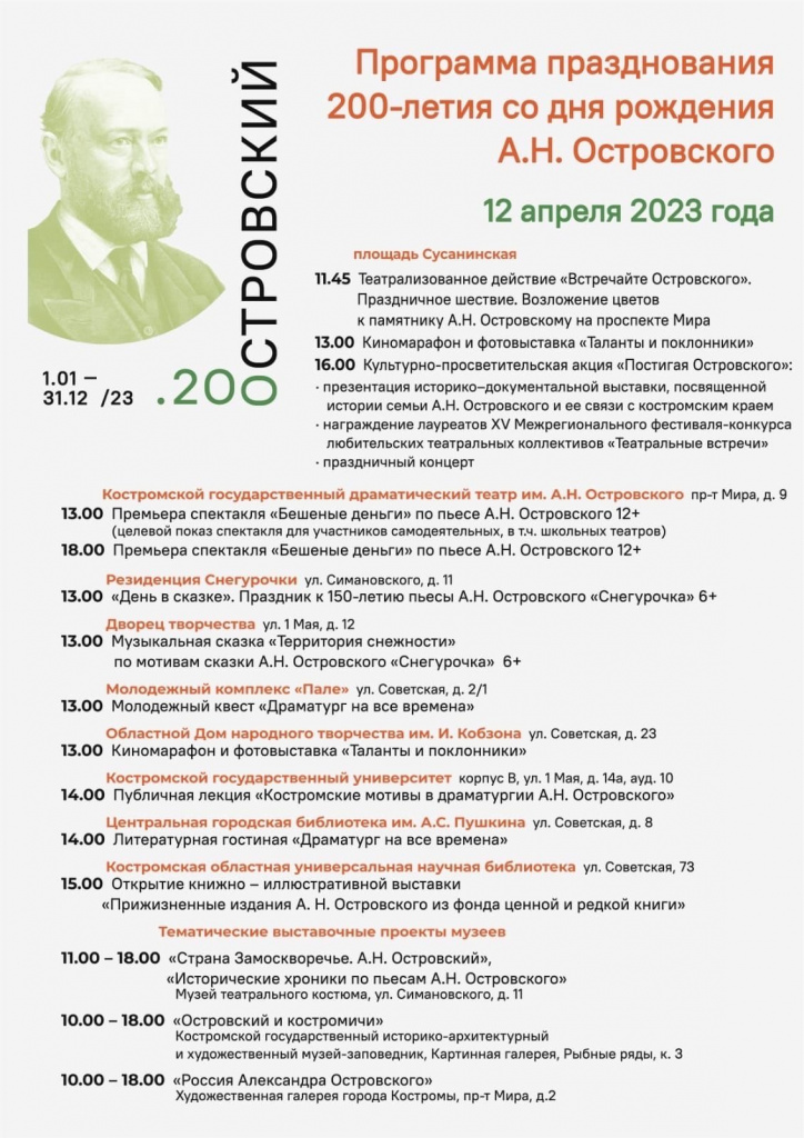 200-летие Александра Островского в Костроме отметят премьерой спектакля и киномарафоном