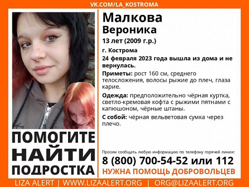 В Костроме разыскивают 13-летнюю рыжеволосую девушку в черной одежде